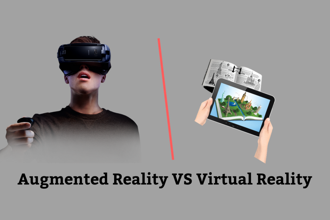 Picture of an a tablet demonstrating Augmented Reality vs. Man wearing Viewing glasses to demonstrate virtual Realty in image