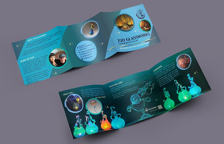 Picture of full color trifold brochure with an overview about 720 Glassworks and their products.