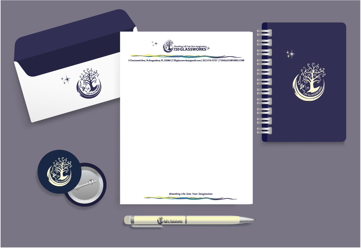 PIcture of a grouping of 720 Glassworks Branded materials, letterhead, envelope, binder, sticker, buttons, and pen