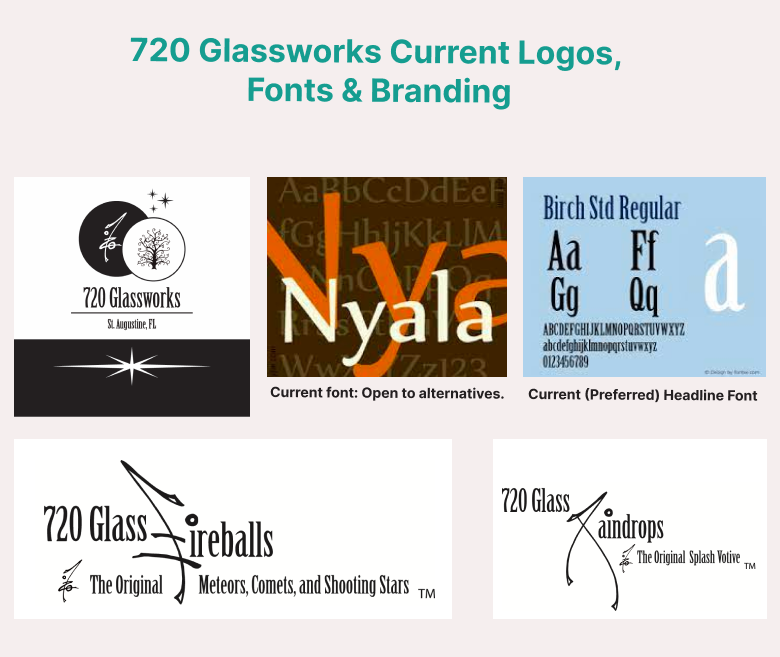 Image showing examples of previous branding and fonts for 720 Glassworks - Case Study - Nanette Creative