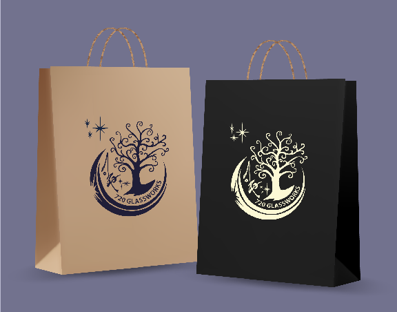 Image of 2 shopping bags, 1 is kraft paper and one is black paper with the 720 Glassworks logo n it.